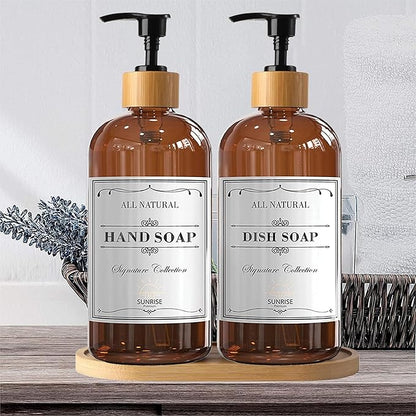 Sunrise Premium 16 OZ Thick Amber Glass Soap Dispenser, Bamboo Pump with Tray 2 Pack, Hand and Dish Soap Dispenser Set for Bathroom with 6 Waterproof Labels - Image 6