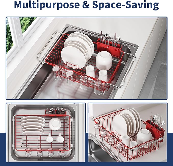 JASIWAY Red in Sink Dish Drying Rack, Expandable Stainless Steel Small Dish Rack Over Kitchen Sink, Plate Drainer Strainer with Cutlery Holder & Cup Holders, Counter Space Saving Wire Dryer Rack - Image 2