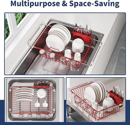 JASIWAY Red in Sink Dish Drying Rack, Expandable Stainless Steel Small Dish Rack Over Kitchen Sink, Plate Drainer Strainer with Cutlery Holder & Cup Holders, Counter Space Saving Wire Dryer Rack - Image 2