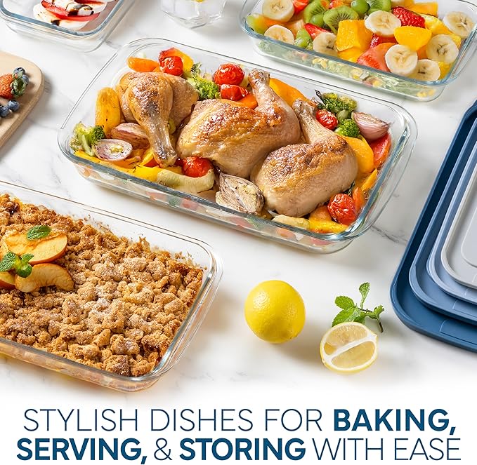 COOK WITH COLOR 8-Piece Deep Glass Baking Dish Set with Plastic Lids – Casserole and Food Storage Containers for Lasagna, Leftovers – Freezer-to-Oven, Microwave & Dishwasher Safe, Blue - Image 2