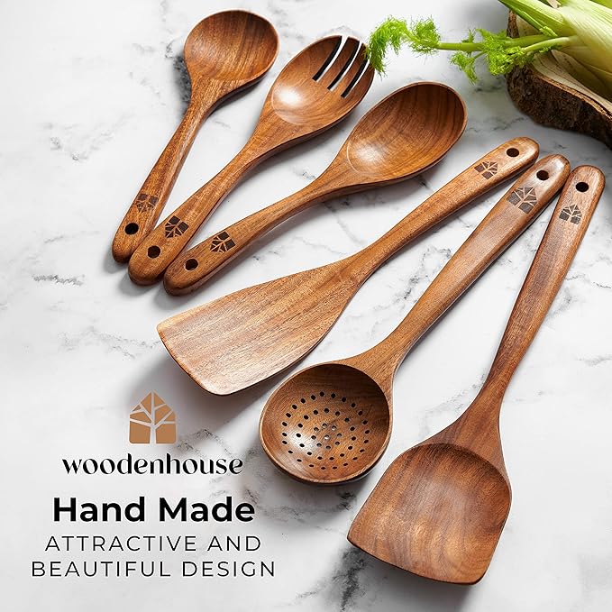 Wooden Spoons for Cooking – Wooden Kitchen Utensils Set, 6 Pcs Teak Wood Utensil Set – Comfortable Grip Non–Stick Wooden Cooking Utensils - Image 6