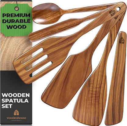 Wooden Spatula for Cooking - Non-Scratch, Sturdy, Natural Teak Cooking Utensils - Easy to Clean Wooden Spatula Set with Turner, Scraper, Slotted & Frying Wood Spatulas, Jar Scraper, Spoonula - 6 Pcs by Woodenhouse