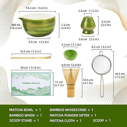 Matcha Whisk Set, 7 Pcs Green Ceramic and Bamboo Tea Ceremony Kit with 480 ML Bowl, Whisk Holder, Scoop, Sifter, Unique Gift Set,Tradition Matcha Tea Set