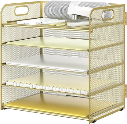 Sinboun Letter Tray Paper Organizer 5-Tier Desk Organizer File Organizer Paper Holder with Handle, Metal Desktop Document Shelf Tray Office Classroom Organization - Gold