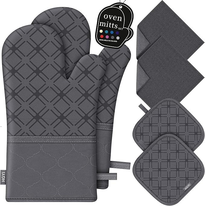 Oven Mitts and Pot Holders Set with Dishcloths, 500 Degree Heat Resistant Oven Gloves and Hot Pads, Premium Soft Cotton Kitchen Mittens and Dish Cloth Sets-Deep Grey by HGYI