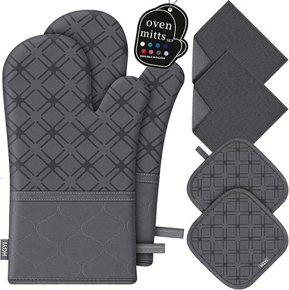 Oven Mitts and Pot Holders Set with Dishcloths, 500 Degree Heat Resistant Oven Gloves and Hot Pads, Premium Soft Cotton Kitchen Mittens and Dish Cloth Sets-Deep Grey by HGYI