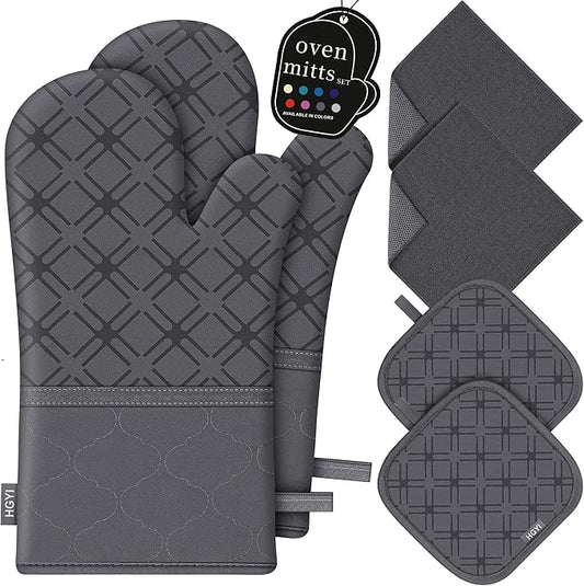 Oven Mitts and Pot Holders Set with Dishcloths, 500 Degree Heat Resistant Oven Gloves and Hot Pads, Premium Soft Cotton Kitchen Mittens and Dish Cloth Sets-Deep Grey by HGYI