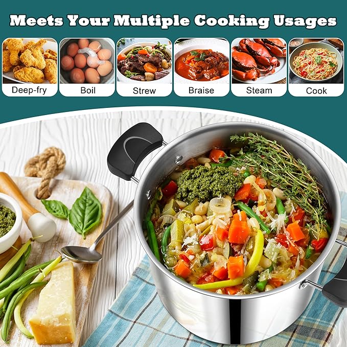 10 Quart 3-Ply Cooking Stock Pot with Lid, P&P CHEF Stainless Steel Large Pot for Pasta Soup, Work on Multi Stove, Heavy Duty & Dishwasher Safe, Dual Heat-resistant Handles & Transparent Glass Lid - Image 5