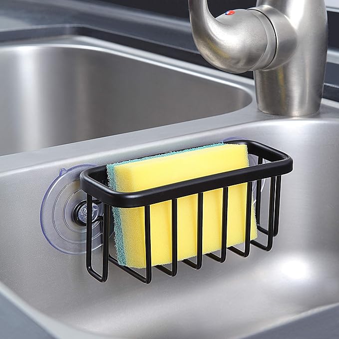 SunnyPoint NeverRust Kitchen & Bathroom Sink Caddy for Sponges, Scrubbers, Soap, 6" x 2.5" x 2.65", with Adhesive Mount - Additional Suction Cup Included –Aluminum (Black) - Image 2