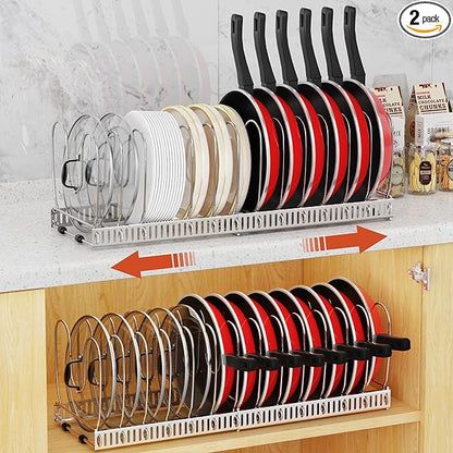 Housolution 2 Pack Pot and Pan Organizer, 12"-23" Expandable Pot Lid Organizer with 14 Adjustable Dividers, Pan Lid Holder Storage Rack for Cabinet, Silver by Housolution