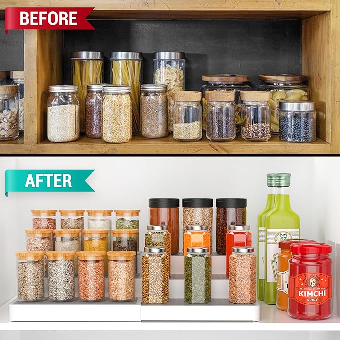 YAN & HIN Expandable Spice Rack Organizer for Cabinet (2 Pack), 3-Tier Tiered Spice Shelf Organizer with Non-Skid Surface, Spice Riser, Adjustable Pantry Organizer for Spices, Cans & Medicine Cabinet - Image 2