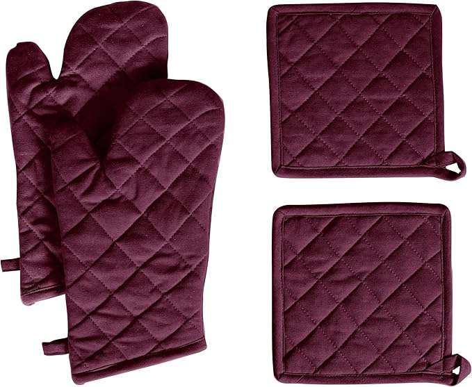 Native Fab 4 Piece Set - 2 Oven Mitts & 2 Potholders, Heat Resistant, 100% Cotton, Quilted Design, Non-Slip Grip, Machine Washable, Ideal for Baking, Cooking, BBQ, Kitchen Protection - Burgundy Wine by NativeFab