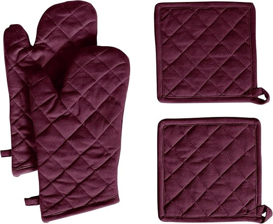 Native Fab 4 Piece Set - 2 Oven Mitts & 2 Potholders, Heat Resistant, 100% Cotton, Quilted Design, Non-Slip Grip, Machine Washable, Ideal for Baking, Cooking, BBQ, Kitchen Protection - Burgundy Wine by NativeFab