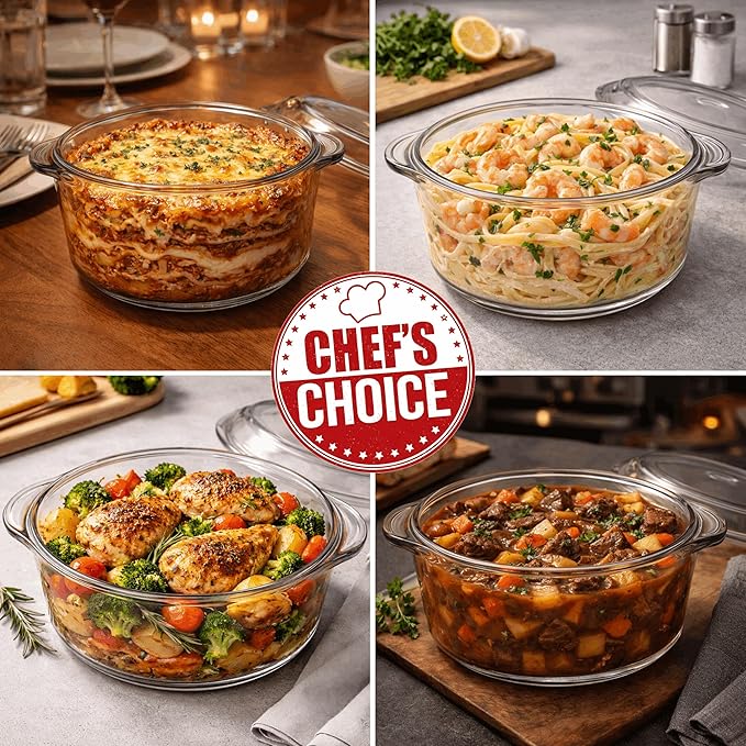 Ums 3.3 Quart Glass Casserole Dish with Lid, Round Glass Baking Dishes for Oven with Lid, Round Covered Casserole Dish, Microwave and Dishwasher Safe Clear Bakeware