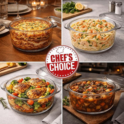 Ums 3.3 Quart Glass Casserole Dish with Lid, Round Glass Baking Dishes for Oven with Lid, Round Covered Casserole Dish, Microwave and Dishwasher Safe Clear Bakeware