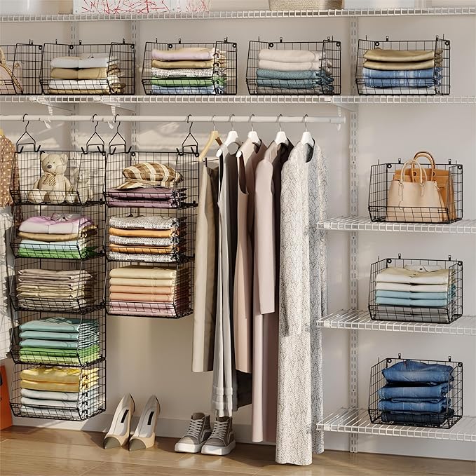 5 Tier Closet Hanging Organizer, Clothes Hanging Shelves with 4 Hanging Hooks 5 S Hooks, Wire Storage Basket Bins, for Clothing Sweaters Shoes Handbags Clutches Accessories Patent Design - Image 4