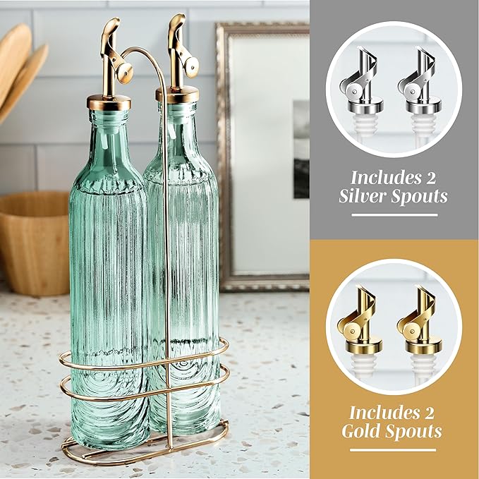 COOK WITH COLOR Glass Olive Oil Bottle Dispenser - 2 Pack- 17oz Oil and Vinegar Cruet - Olive Oil Carafe Decanter for Kitchen, Elegant Fluted, Green - Image 4