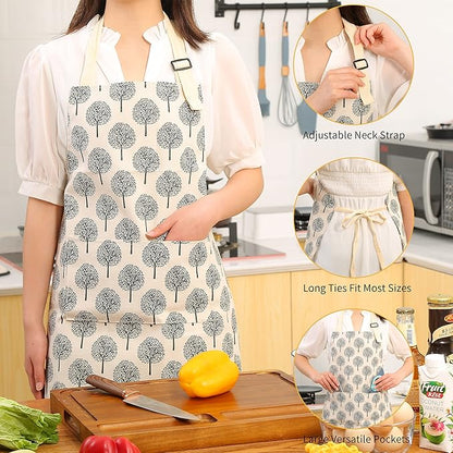 Tosewever 2 Pieces Cotton Linen Waterproof Bib Apron with 2 Pockets - Long Ties Adjustable Neck Strap - Unisex Cooking Kitchen Decorative Pattern Aprons for Women Chef (Triangle/Tree, 2)