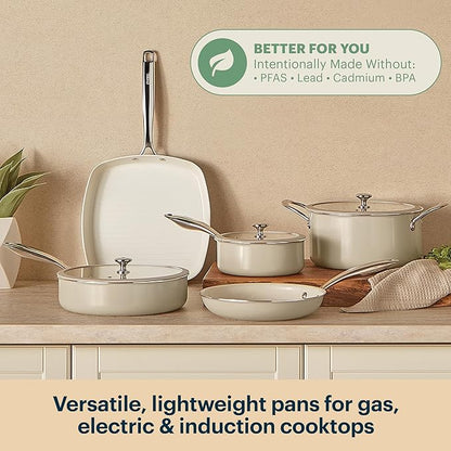 Pyrex 8-Piece Ceramic Cookware Set, Pots and Pans with Lids & Stainless Steel Handles, Healthy Nonstick Ceramic Coating, Induction Compatible Stainless Steel, PFAS Lead Cadmium BPA Free