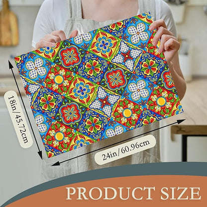 Mexican Tile Dish Drying Mat,Boho Tradicion Drying Rack Pad Countertop Dishes Ultra Absorbent Microfiber Kitchen Counter Mat for Coffee Countertop Decor 18x24 Inch