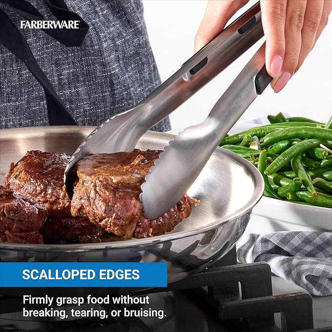 Farberware Stainless Steel Kitchen Tongs 12 Inch Locking Heat Resistant Ergonomic Handle Scalloped Tips Durable Dishwasher Safe Cooking and Serving Tool