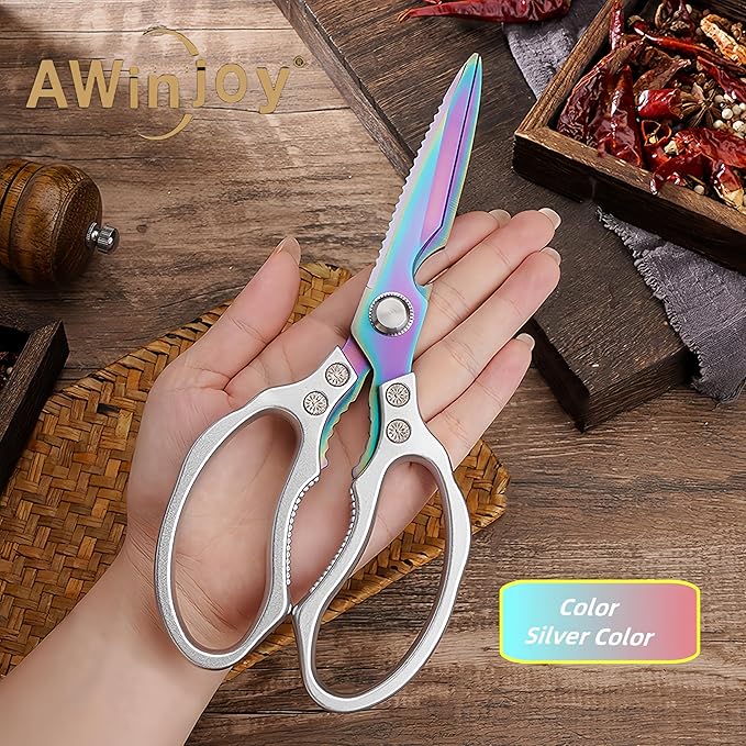 AWinjoy Heavy Duty Sharp Kitchen Scissors, Dishwasher Safe, Cooking Shears for Meat, Chicken, Fish, Poultry, Herb, Bread (Silver Color) - Image 5