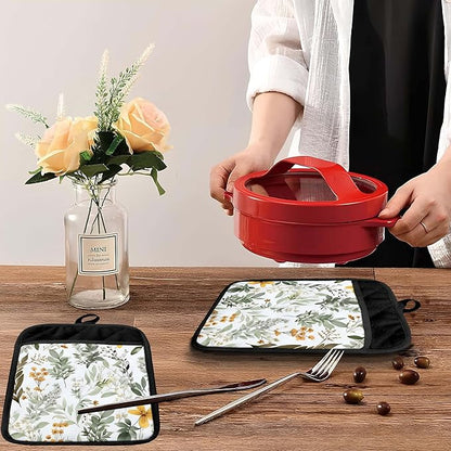 Sage Green Leaf Floral Pot Holders with Pockets, Cottagecore Botanical Flower Oven Pot Holders Heat Resistant Oven Mitts Hot Pads for Kitchen Baking Cooking