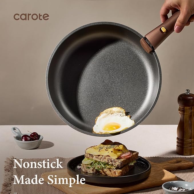 CAROTE 21pcs Pots and Pans Set, Nonstick Cookware Set Detachable Handle, Induction Kitchen Cookware Sets Non Stick with Removable Handle, RV Cookware Set, Oven Safe, Brown - Image 3