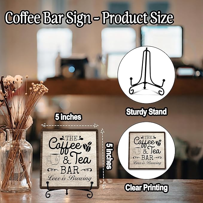 Coffee Bar Sign, Love is Brewing Farmhouse Tabletop Decor, Coffee and Tea Lover Gifts, 5x5 Wood Plaque with Iron Stand for Home Kitchen Cafe, Coffee Bar Decor – L10 - Image 2
