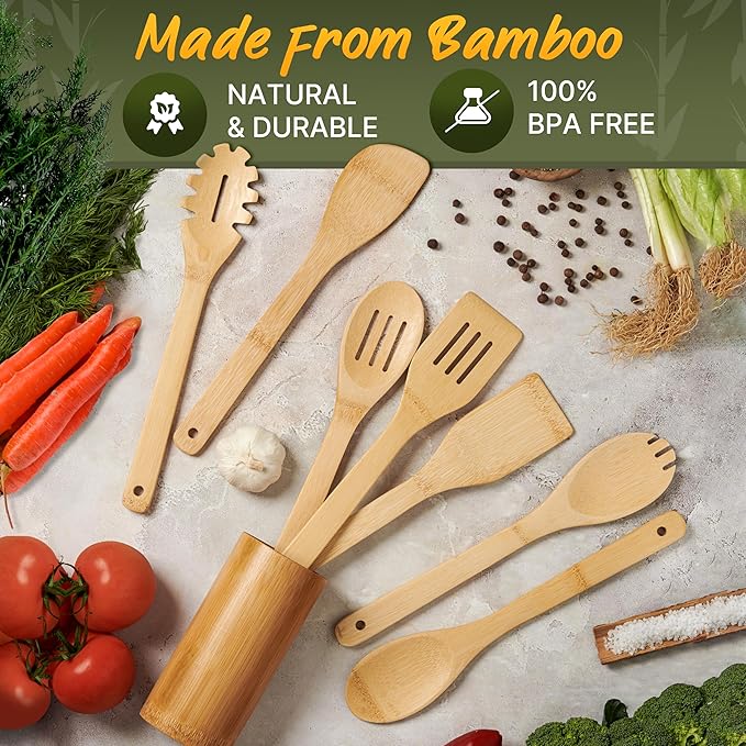 Bamboo Utensils 7 PCs with Holder – Bamboo Cooking Utensils Set + Holder for Nonstick – Wooden Spoon Sets for Cooking – Easy to Clean, Sturdy, Lightweight & Heat Resistant - Image 5