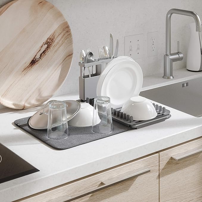 Umbra Udry Dish Rack and Microfiber Drying Mat – Space-Saving Design Folds Up for Easy Storage, Over-Sink Rack, Gray - Image 7