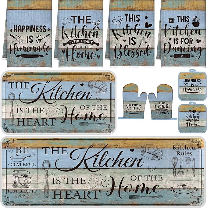 Fourluoo 10 Pcs Farmhouse Kitchen Decor and Accessories Set 4 Kitchen Towels 2 Pot Holders 2 Oven Mitts 2 Rugs for Cooking Baking Mom Housewarming Gifts(Bright Wood Grain,Classic Style) by Fourluoo