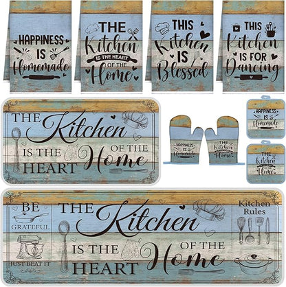 Fourluoo 10 Pcs Farmhouse Kitchen Decor and Accessories Set 4 Kitchen Towels 2 Pot Holders 2 Oven Mitts 2 Rugs for Cooking Baking Mom Housewarming Gifts(Bright Wood Grain,Classic Style) by Fourluoo