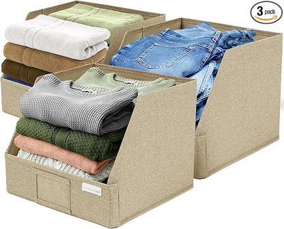 VIVIDECOR Open Front Storage Cubes 12x12x10 – Trapezoid Closet Shelf Bins, Easy Access Fabric Organizer for Clothes, Towels, Sweaters – Brown, 3 Pack