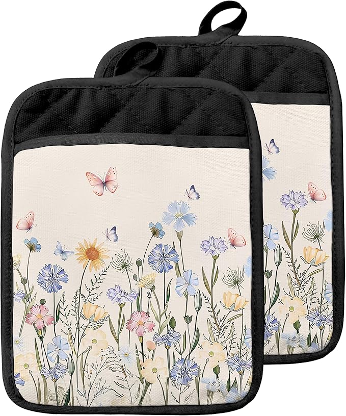 Butterfly Floral Pot Holders with Pockets, Cottagecore Wildflower Botanical Oven Pot Holders Heat Resistant Oven Mitts Hot Pads for Kitchen Baking Cooking