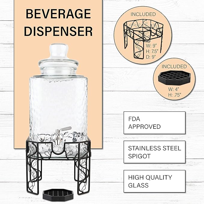 2.5 Gallon Glass Beverage Dispenser with Stainless Steel Spigot, Metal Stand, and Drip Tray – Mason Jar Style Drink Dispenser for Parties, Iced Tea, Water, Lemonade, and More - Image 6