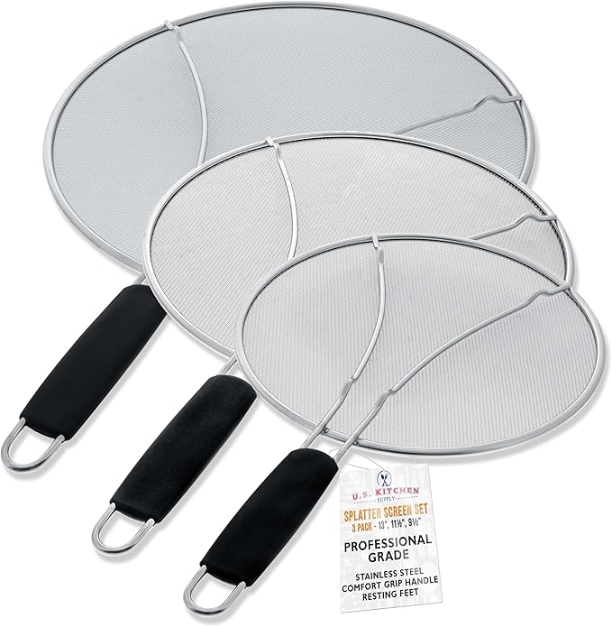 U.S. Kitchen Supply 3-Piece Stainless Steel Splatter Guard Set (13", 11.5", 9.5") Fine Mesh Cover, Grease & Oil, Splatter Screen for Frying Pan, Cooking Pots, with Resting Feet & Comfort Grip Handles by USKitchenSupply