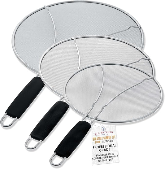 U.S. Kitchen Supply 3-Piece Stainless Steel Splatter Guard Set (13", 11.5", 9.5") Fine Mesh Cover, Grease & Oil, Splatter Screen for Frying Pan, Cooking Pots, with Resting Feet & Comfort Grip Handles by USKitchenSupply