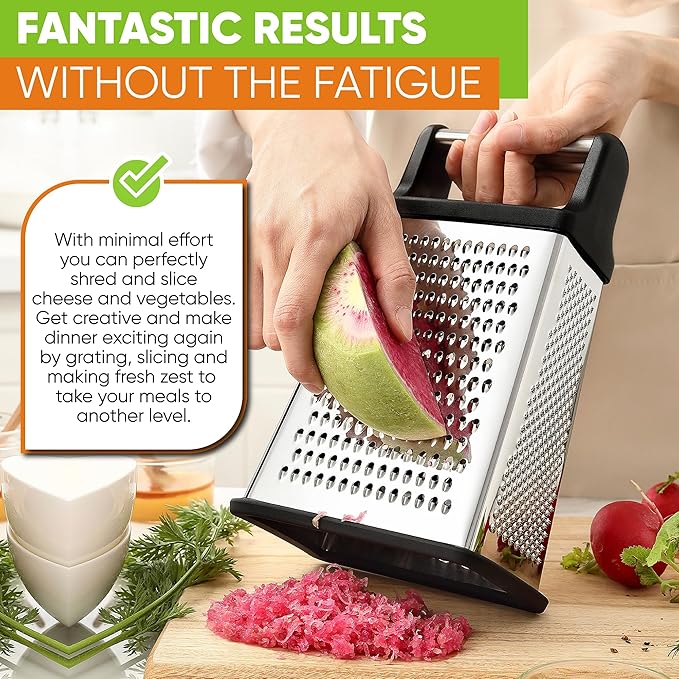 Spring Chef Professional Cheese Grater - Stainless Steel, XL Size, 4 Sides - Perfect Box Grater for Parmesan Cheese, Vegetables, Ginger - Dishwasher Safe - Black - Image 7