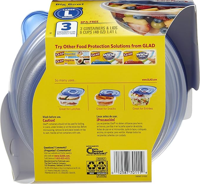 Glad GladWare Big Bowl Food Storage Containers with Lids, Large Round No BPA Plastic Containers for Soups, Salads, and Meal Prep, Lock Tight Seal, Microwave Dishwasher Safe, 48 Oz, 3 Count - Image 3