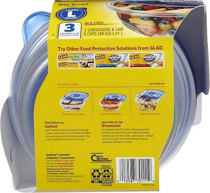 Glad GladWare Big Bowl Food Storage Containers with Lids, Large Round No BPA Plastic Containers for Soups, Salads, and Meal Prep, Lock Tight Seal, Microwave Dishwasher Safe, 48 Oz, 3 Count - Image 3
