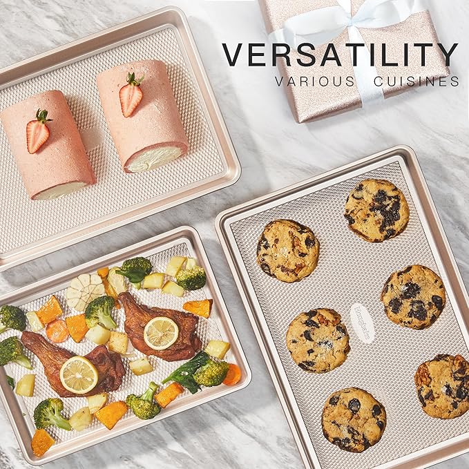HONGBAKE Baking Sheet Pan Set of 3, Cookie Sheets for Oven, Nonstick Half/Quarter/Jelly Roll Pans with Diamond Texture Pattern, 0.8mm Thick Heavy Duty Cookie Tray, Champagne Gold - Image 4