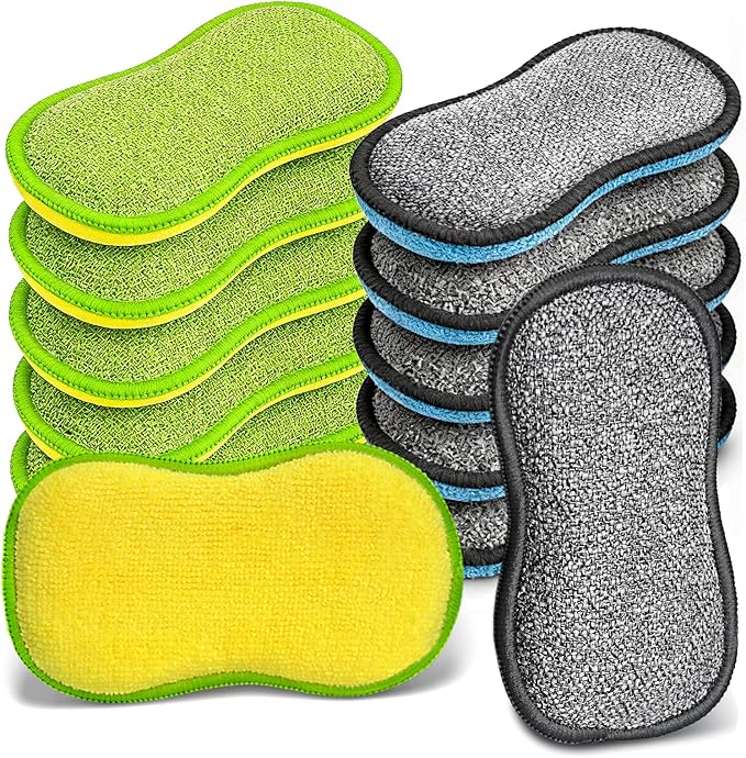 Dish Sponges Kitchen, 12 Pack Multi-Purpose Microfiber Scrub Sponge - Dual-Sided Heavy Duty Non-Scratch Scrubber, Reusable Cleaning Sponge for Dishes, Pots, Pans, Stovetop & Sink by YeahWhee