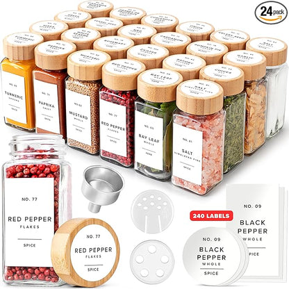 EDELHAUS® Square Spice Jars with Bamboo Wooden Lid (Pack of 24) Spice Jars with Shaker Insert and 240 Labels - Bamboo Lid Glass Container for Spice Organisation [4.3 in × 1.8 in] by EDELHAUS