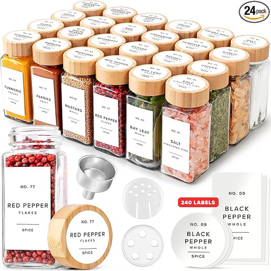 EDELHAUS® Square Spice Jars with Bamboo Wooden Lid (Pack of 24) Spice Jars with Shaker Insert and 240 Labels - Bamboo Lid Glass Container for Spice Organisation [4.3 in × 1.8 in] by EDELHAUS