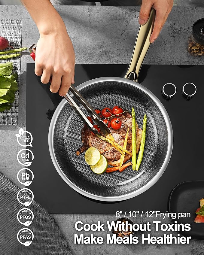 FogDream 8, 10, 12" Stainless Steel Frying Pan, Honeycomb Hybrid Nonstick Skillet for Induction & All Cooktops, PFAS/PFOA/PTFE Free, Oven Safe to 500°F, Stay-Cool Handle, Dishwasher Safe, Gold - Image 2