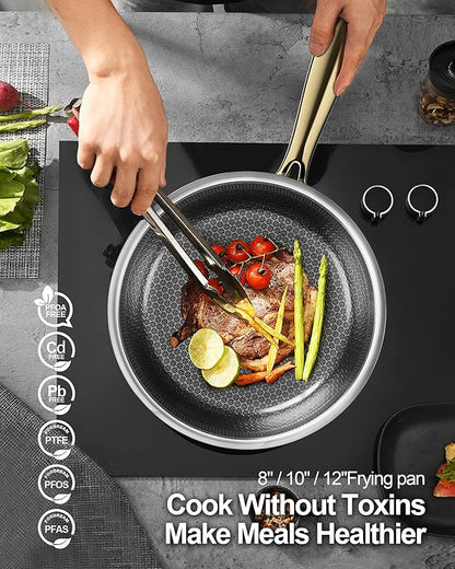 FogDream 8, 10, 12" Stainless Steel Frying Pan, Honeycomb Hybrid Nonstick Skillet for Induction & All Cooktops, PFAS/PFOA/PTFE Free, Oven Safe to 500°F, Stay-Cool Handle, Dishwasher Safe, Gold - Image 2