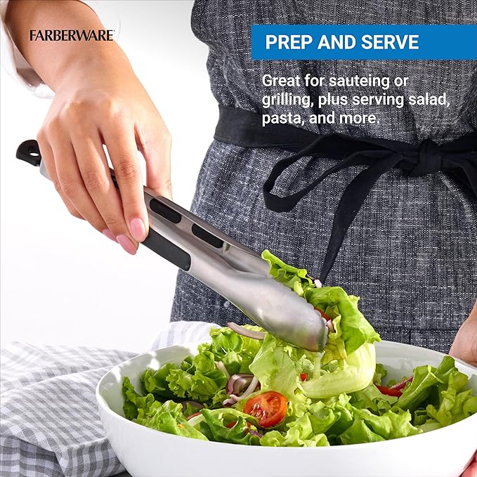 Farberware Stainless Steel Kitchen Tongs 9 Inch Locking Heat Resistant Ergonomic Handle Scalloped Tips Durable Dishwasher Safe Cooking and Serving Tool - Image 4