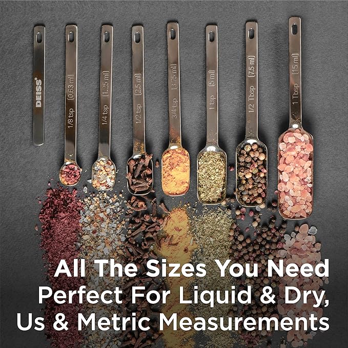 Deiss PRO Heavy Duty Stainless Steel Measuring Spoons for Cooking Spices Dry or Liquid Ingredients Fits in Spice Jar Adjustable Measuring Spoon Set of 7 Measuring with Leveler Measuring Spoons Set - Image 6