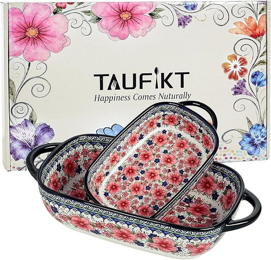 Ceramic Casserole Dishes for Oven, Hand-painted Polish Pottery Baking Dish Set of 2, 0.8QT / 2QT Porcelain Casserole Dishes with Handles, Baking Pan Lasagna Pan, Gift for Family/Friend (Red) by TAUFIKT